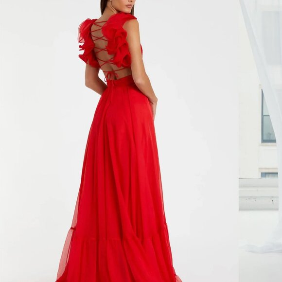 Mac Duggal Red Ruffle Tiered Cut-Out Chiffon Gown Size 10 - Picture 3 of 12